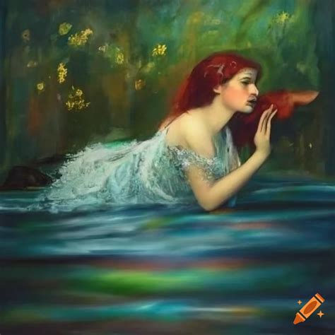 Mermaid on a boat in an impressionist style painting with a castle and mountains in the ... - who painted ophelia in the river