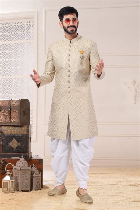 Buy Beige Color Silk Fabric Wedding Wear Readymade Indo Western For Men ...
