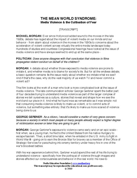 Mean World Syndrome Transcript - Media Education Foundation | mediaed ...