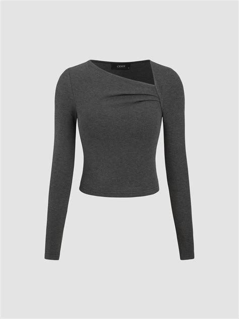 Knit Fabric Asymmetrical Neck Solid Ruched Top For Coffee Shop Daily ...