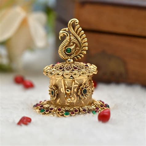 Antique Gold Kemp Traditional Peacock Haldi/Kumkum Box - Sindoor Dabbi ...