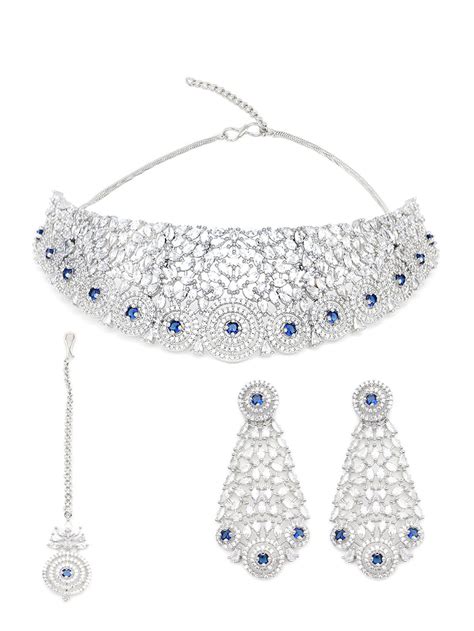 Silver-Plated White & Blue American Diamond Studded Jewellery Set