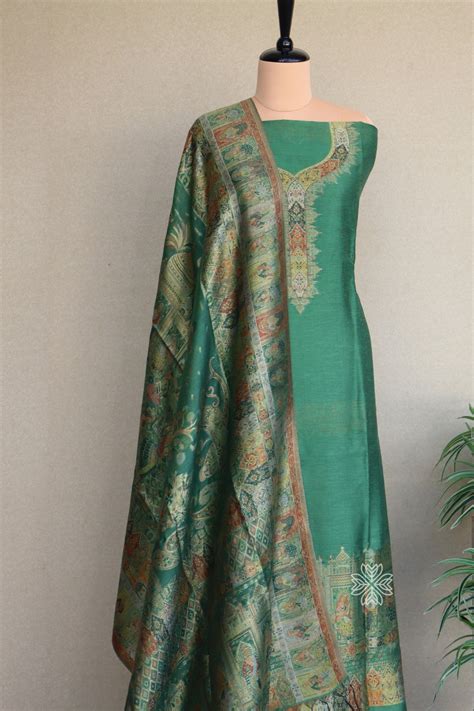Green Kani Silk Linen Suit with Darbar Dupatta– Imperial Weaves