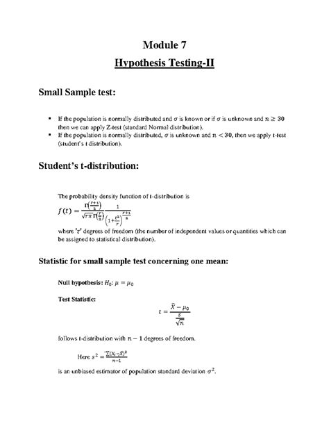 Module 7 notes - Module 7 Hypothesis Testing-II Small Sample test: If ...