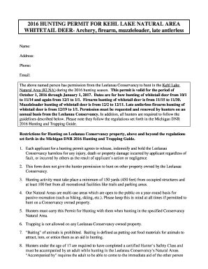 Fillable Online leelanauconservancy 2016 HUNTING PERMIT FOR KEHL LAKE ...