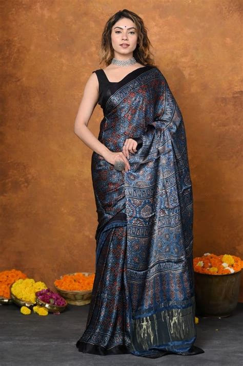 Handloom Modal Silk Saree With Ajrakh Handblock Print With Eco-Friendly ...