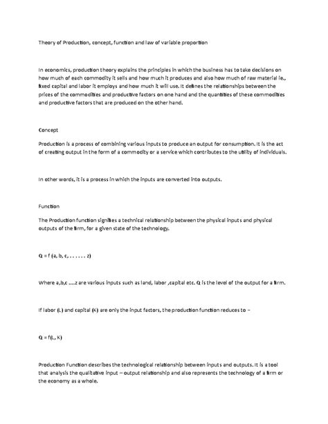 Theory of Production, concept, function and law of variable proportion ...