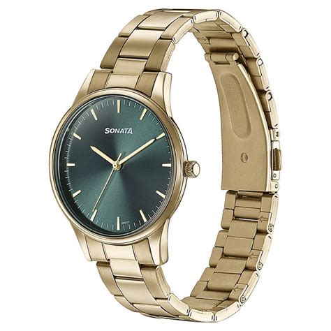 Buy Online Sonata Quartz Analog Green Dial Golden Stainless Steel Strap ...