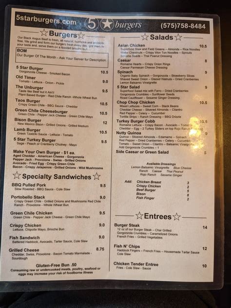 Menu at 5 Star Burgers restaurant, Taos, Paseo Del Pueblo Sur