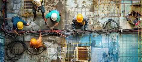 Construction workers working on an overhead cable installation ...