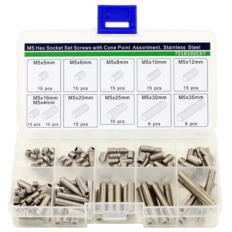 M5 Hex Socket Set Screws with Cone Point Assortment Kit,Stainless Steel ...