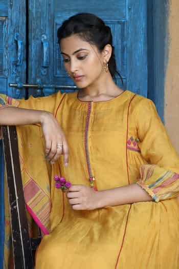 Buy Yellow Chanderi, Tissue Tassels, Mirrors, Placement Straight Kurta ...