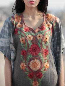 Grey Red Orange Green Aari Embroidered Short Kashmere Kaftan - K11K045 ...