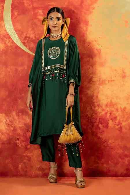Buy Green Velvet Pearls, Sequins Round Neck Masbah Kurta With Pant For ...