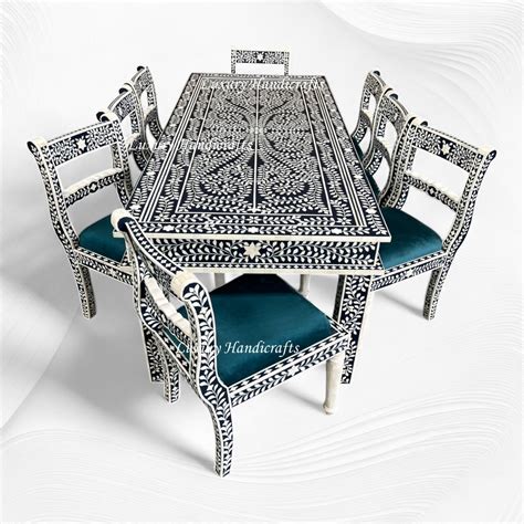 Floral Bone Inlay 8 Seater Dining Table Set Navy Blue – Luxury Handicrafts