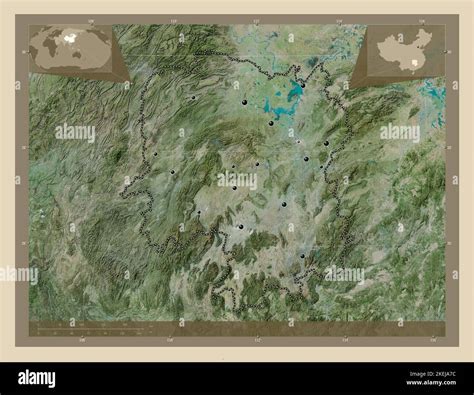 Hunan, province of China. High resolution satellite map. Locations of major cities of the region ...