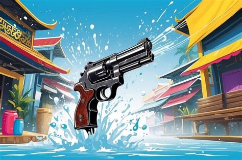 Amazing thailand songkran festival with gun on water splash background ...