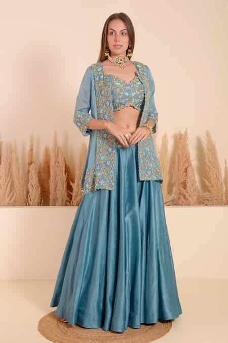 Buy Blue Bamboo Sequins, Beads Sweetheart Iris Bloom Embroidered Jacket ...