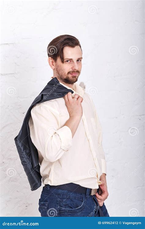 Man Hung Up Jacket on His Shoulder. Stock Photo - Image of adult, happy ...