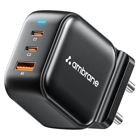 Ambrane 65W Charger Adapter, 3 Ports - 2 Type C & 1 USB for Samsung ...