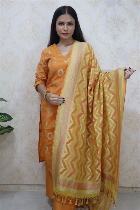 Stylish Orange Brocade V Neck Kurti & Straight Pant Combo