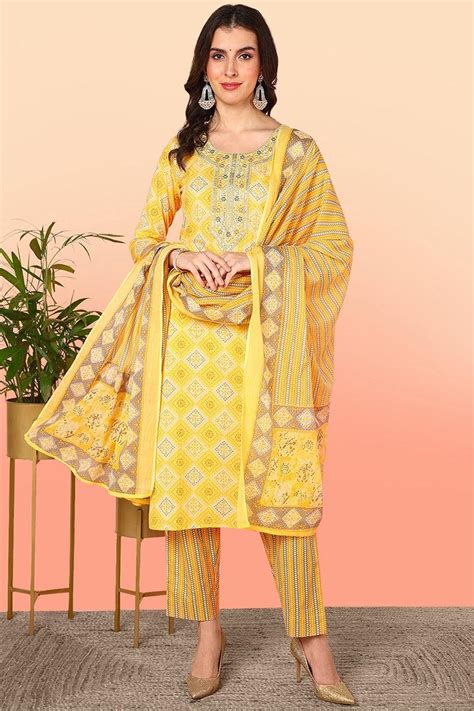 Buy Yellow Pure Cotton Geometric Printed Yoke Design Suit Set | Vaamsi