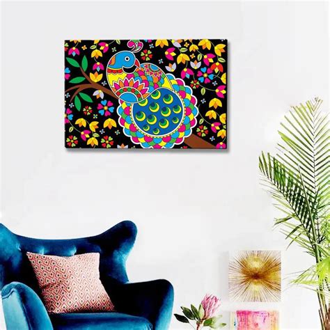 Eurotex Beautiful Peacock, Canvas Printed, Madhubani Wall Painting