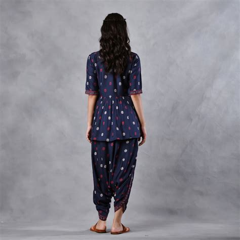 Buy Deep Blue Gathered Top Dhoti Set with Yoke & Tassel Details ...