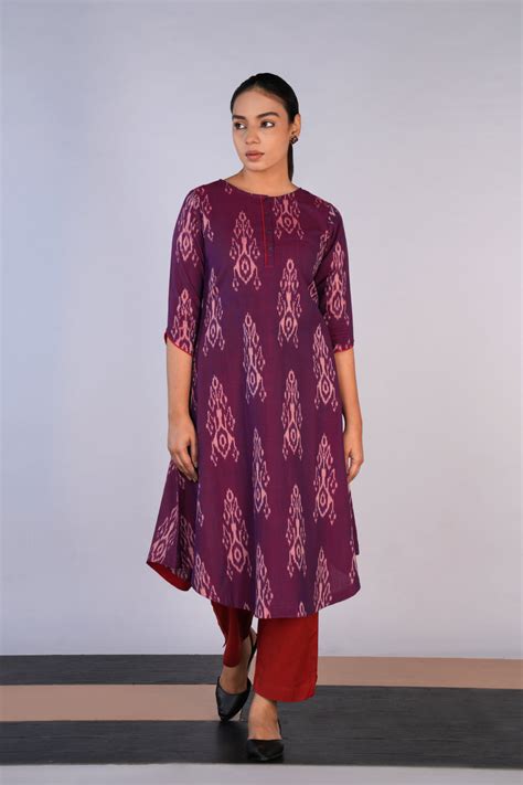 Grape Wine Cotton Pochampally Ikat Kurti – Kalanjali