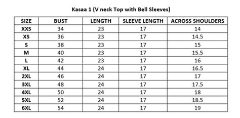 KSW 001 Size Chart – Kasaa Hues