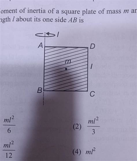 Moment of inertia of a square plate of mass m and side length / about ...