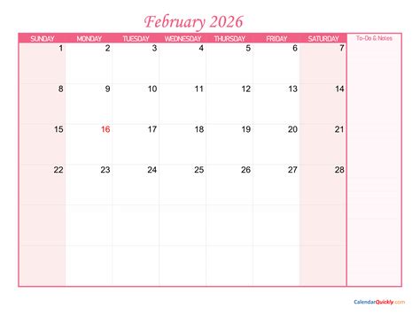 February Calendar 2026 With Notes - Free Printable Calendar
