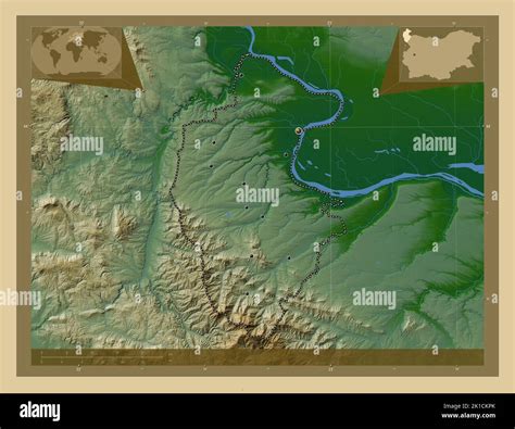 Vidin, province of Bulgaria. Colored elevation map with lakes and rivers. Locations of major ...