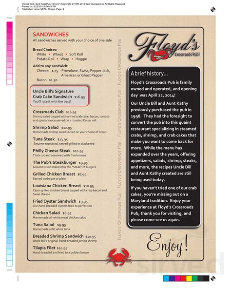Floyd's Crossroads Pub menu in Dayton, Maryland, USA