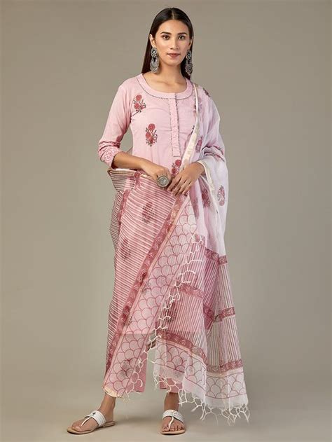 Buy White Blue Hand Block Printed Cotton Kurta with Kota Doria Dupatta ...