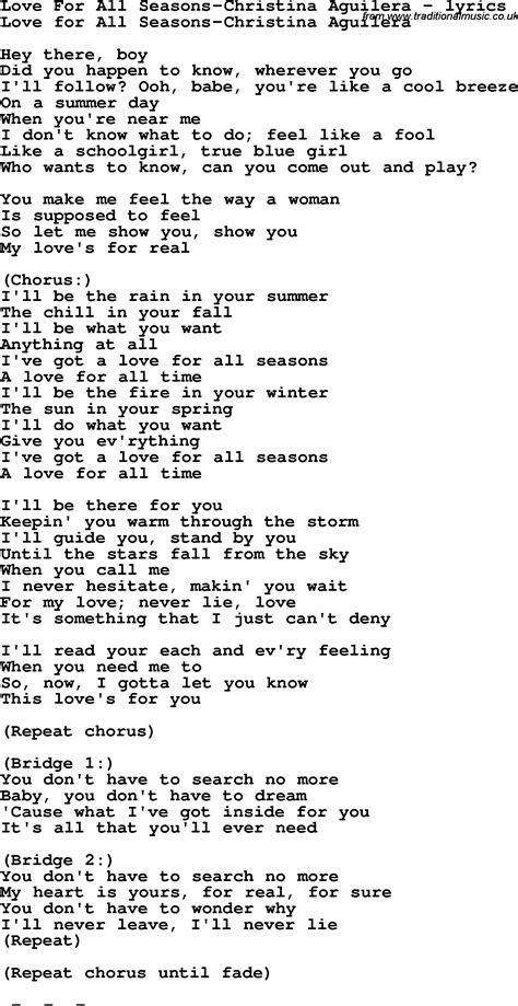 Love Song Lyrics for:Love For All Seasons-Christina Aguilera
