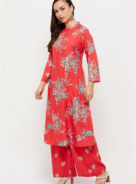 Buy Women Floral Printed Three-Quarter Sleeves Kurta With Elasticated ...