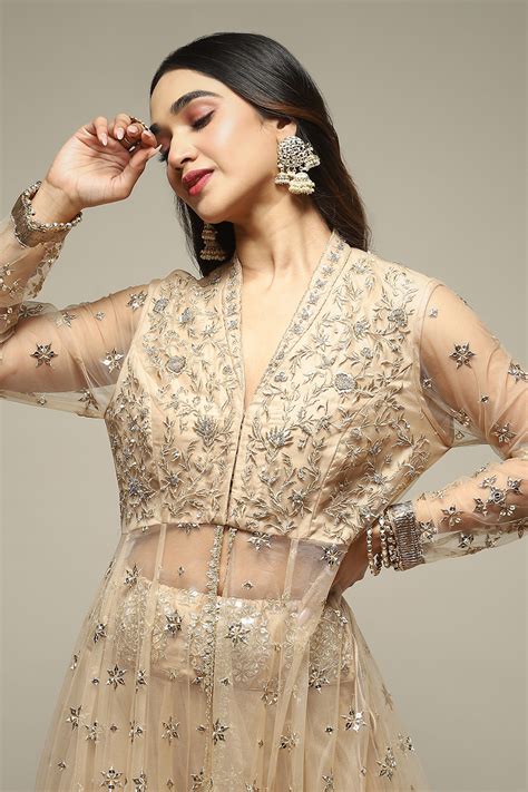 Buy Beige Nylon Front Open Embroidered Kurta Lehenga Set Online at Biba ...