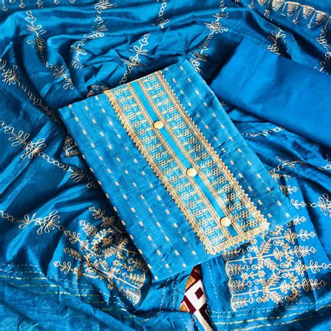 Blue Casual Wear Embroidered Cotton Dress Material