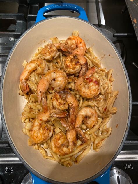 Chilli garlic shrimp on a bed of hinenade fusili cacio e Pepe ...