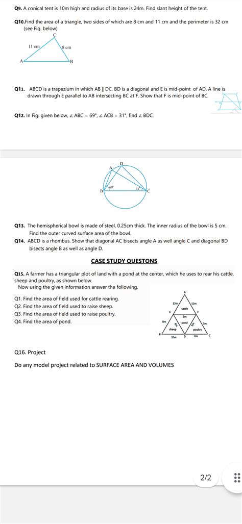Q9. A conical tent is 10 m high and radius of its base is 24 m . Find sla..