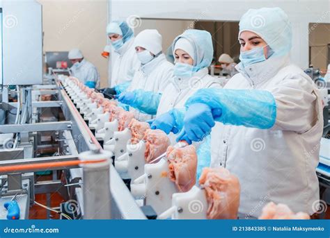 Group of Workers Working at a Chicken Factory - Food Processing Plant ...