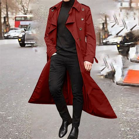 POROPL Men's Red Long Winter Trench Coat, Warm Solid Color Lapel ...