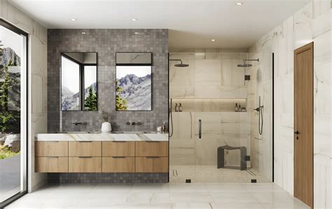Spacious Bathroom Design with Square tile Backsplash and Wooden ...