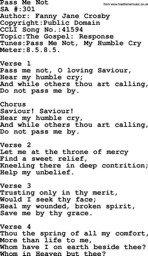 Salvation Army Hymnal Song: Pass Me Not, with Lyrics and PDF