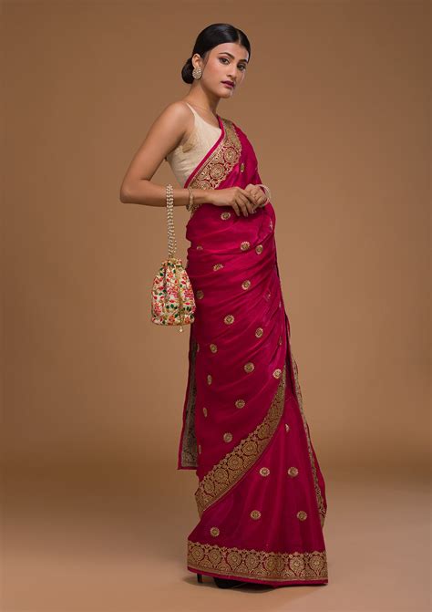 Buy Rani Pink Zari Work Raw Silk Saree - Koskii