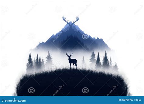 Misty Wildlife Hunting Scene in Forest with Deer, Mountains, and Fir ...