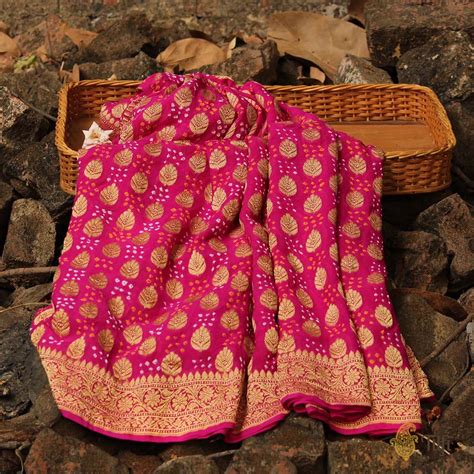 Rani Pink Pure Georgette Banarasi Bandhani Handloom Saree - Tilfi