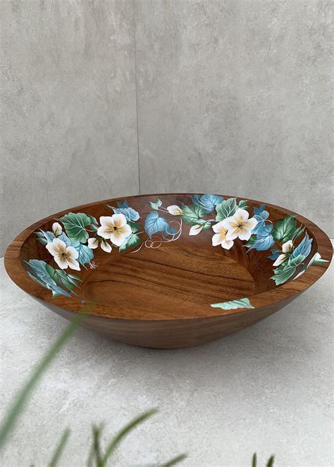 Get Magnolia 12" Hand Painted Acacia Wood Fruit Bowl at ₹ 3699 | LBB Shop