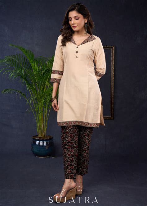 Elegant Beige Cotton Silk Ajrakh Combination Tunic - Pant Optional ...